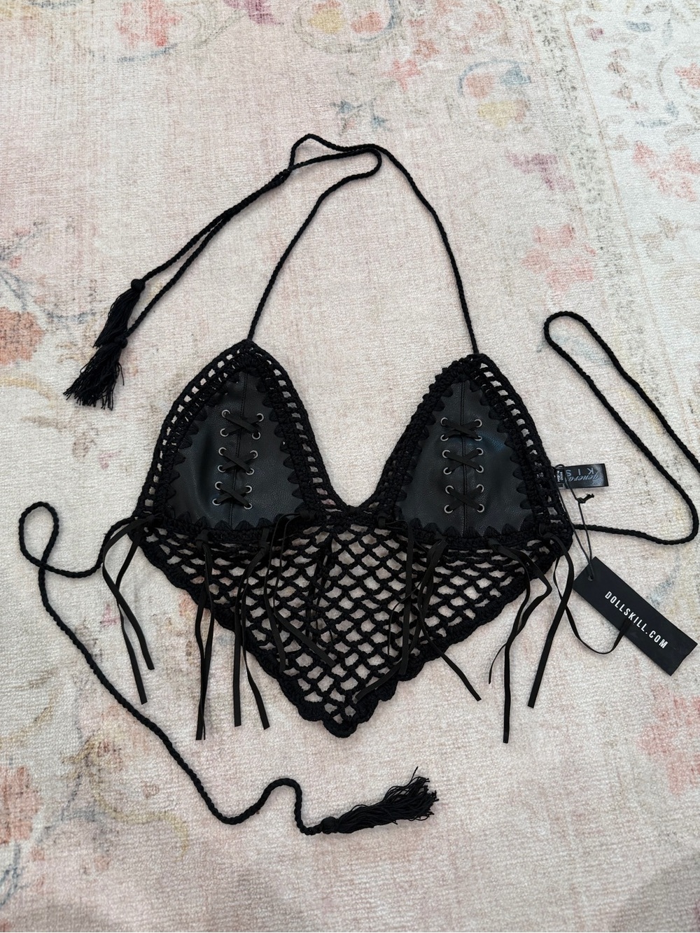 Black Crochet Lace-Up Triangle Bralette with Faux Leather